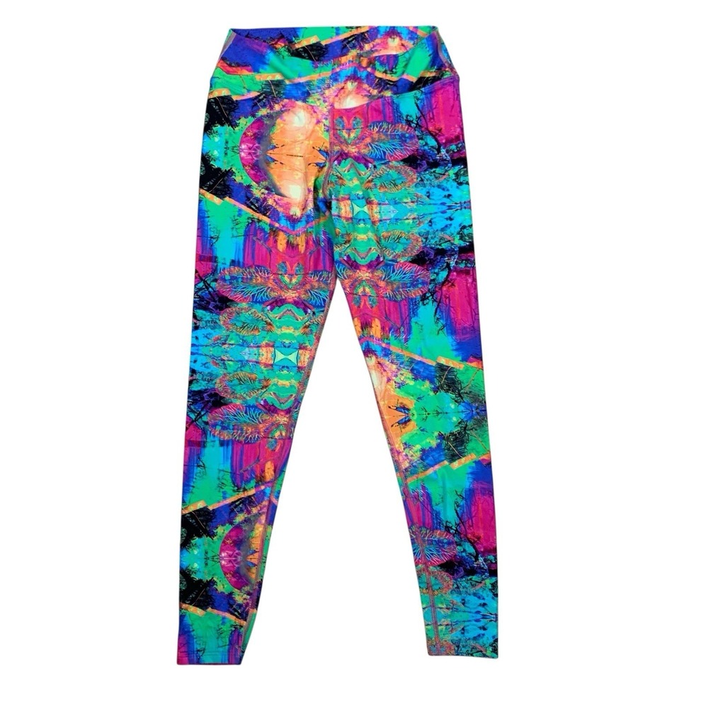 Dona Jo Abstract Psychedelic Print High Rise Leggings Multicolor Activewear